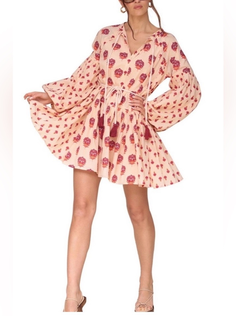 Avec Les Filles Floral Mini Dress Boho Peasant Tassel Tie Waist Size 6